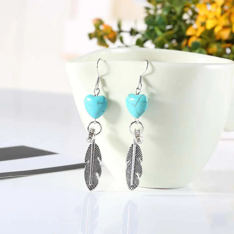 Korean Style Fashion Earrings with Turquoise Feathers
